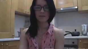 super sexy teen with glasses talking in the kitchen